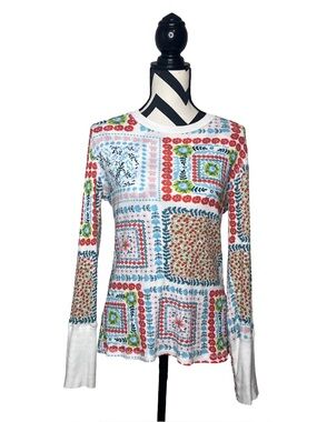 Sundance Sz M Artistic Soul Patchwork Floral Print Boho 100% Cotton Thermal Top